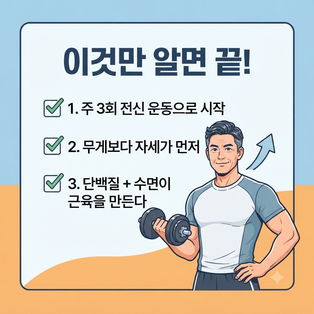 40대 남성 근력운동 핵심 원칙 3가지 - 주 3회 전신운동, 자세 우선, 단백질 수면 관리